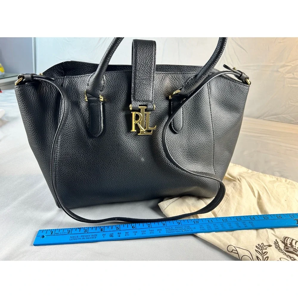 Lauren Ralph Lauren Marcy Black Pebbled Leather Satchel Bag Gold RL Logo Handbag
